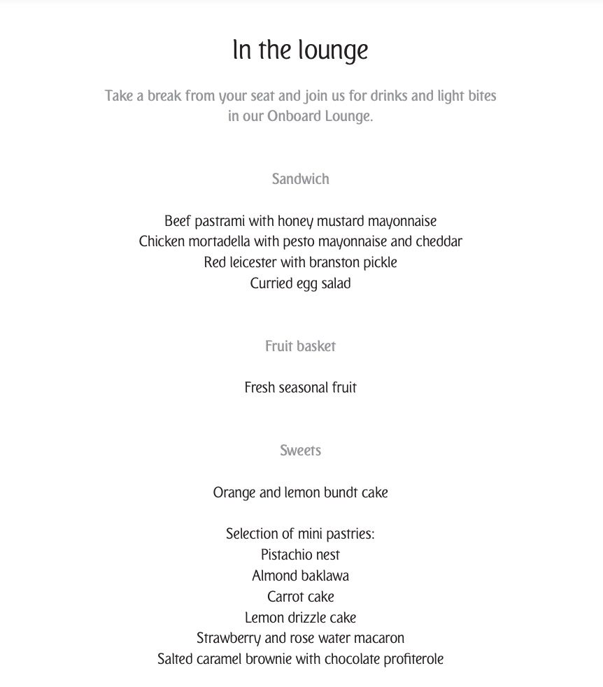 the emirates onboard bar menu with several snacks and sandwiches