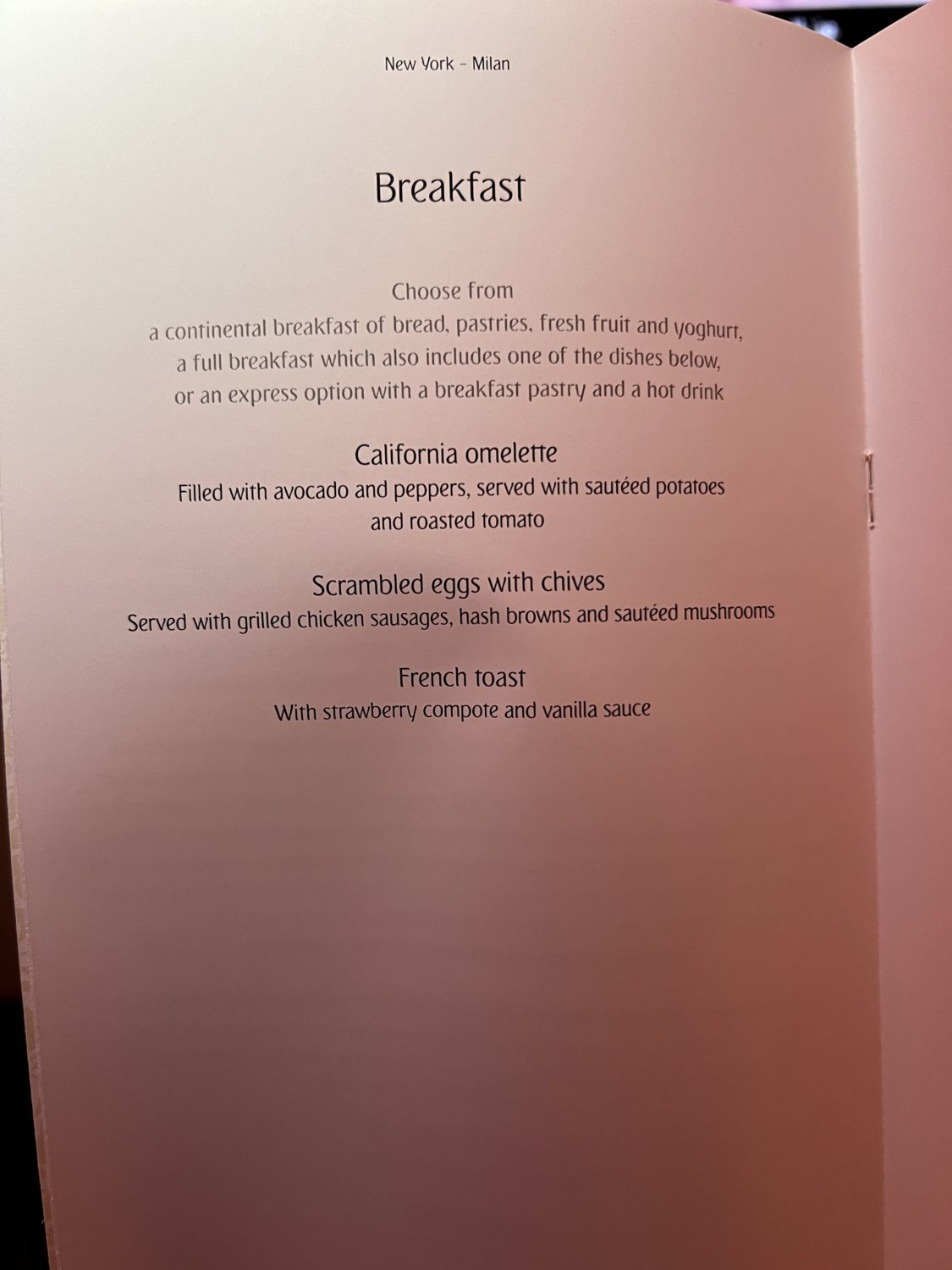 paper menu with several breakfast choices