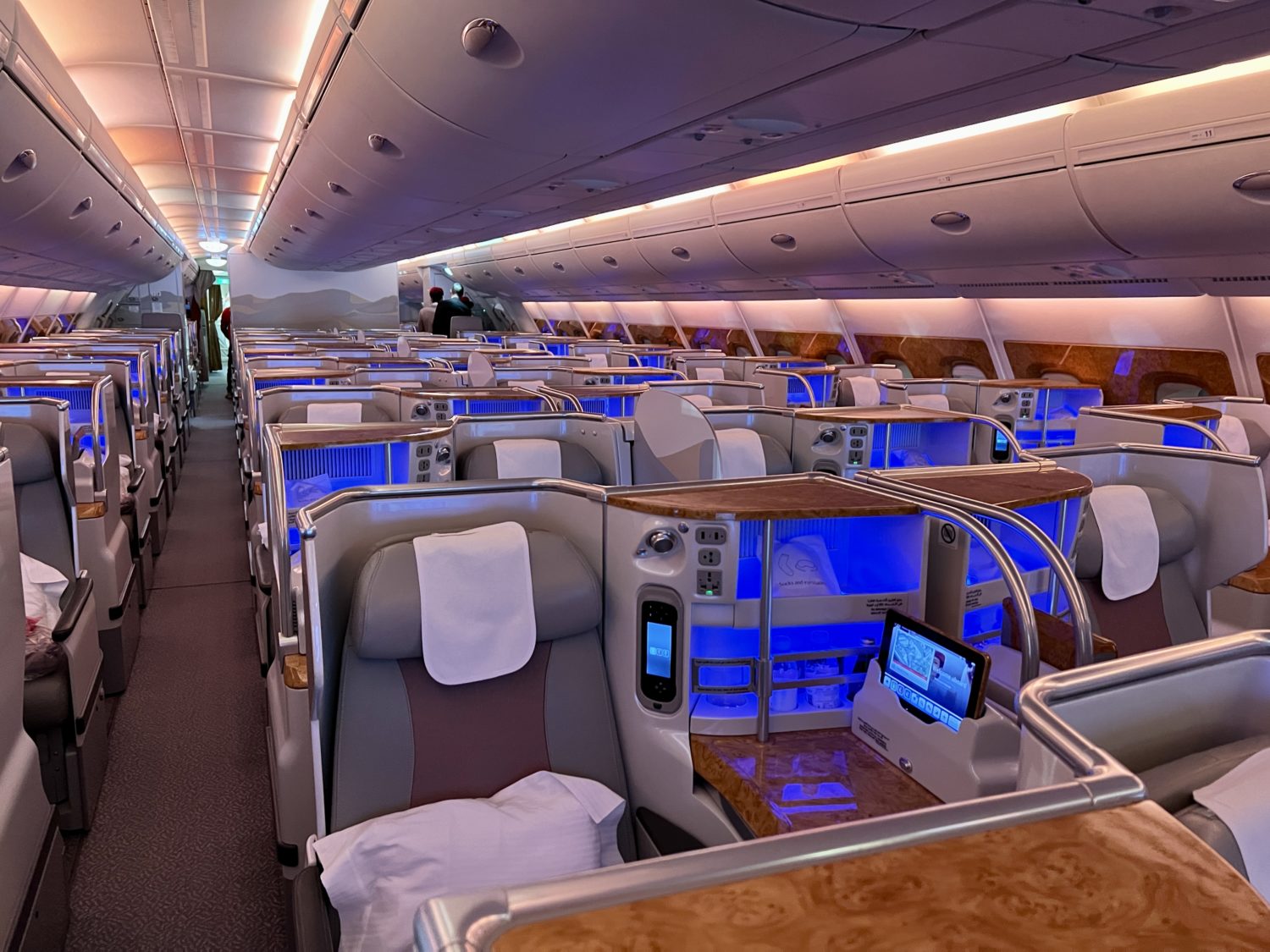 several rows of business class seats with blue lighting inside