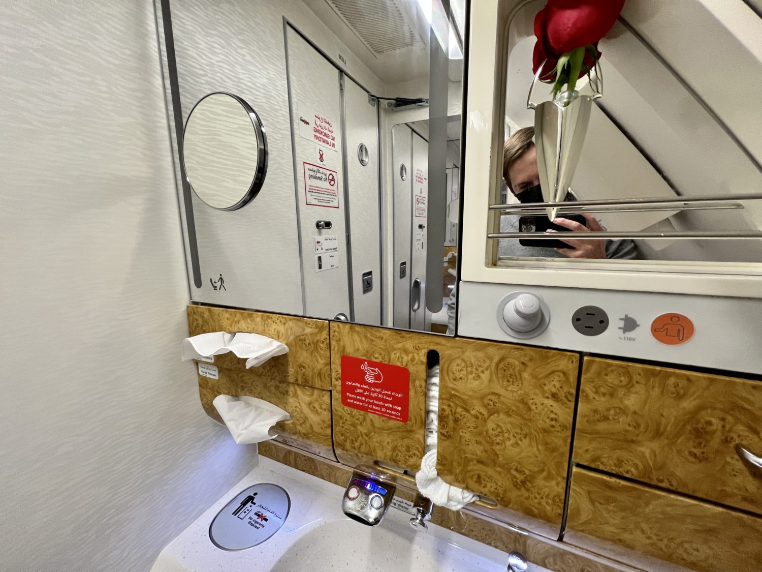mirror inside of an airplane lavatory with a rose mounted