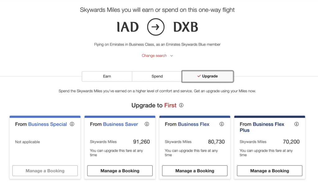 emirates upgrade calculator: IAD to DXB cost
