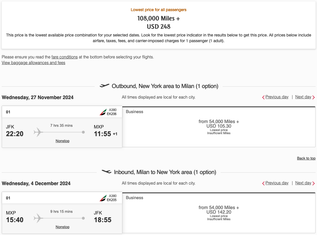 emirates business class booking screenshot for 108,000 miles