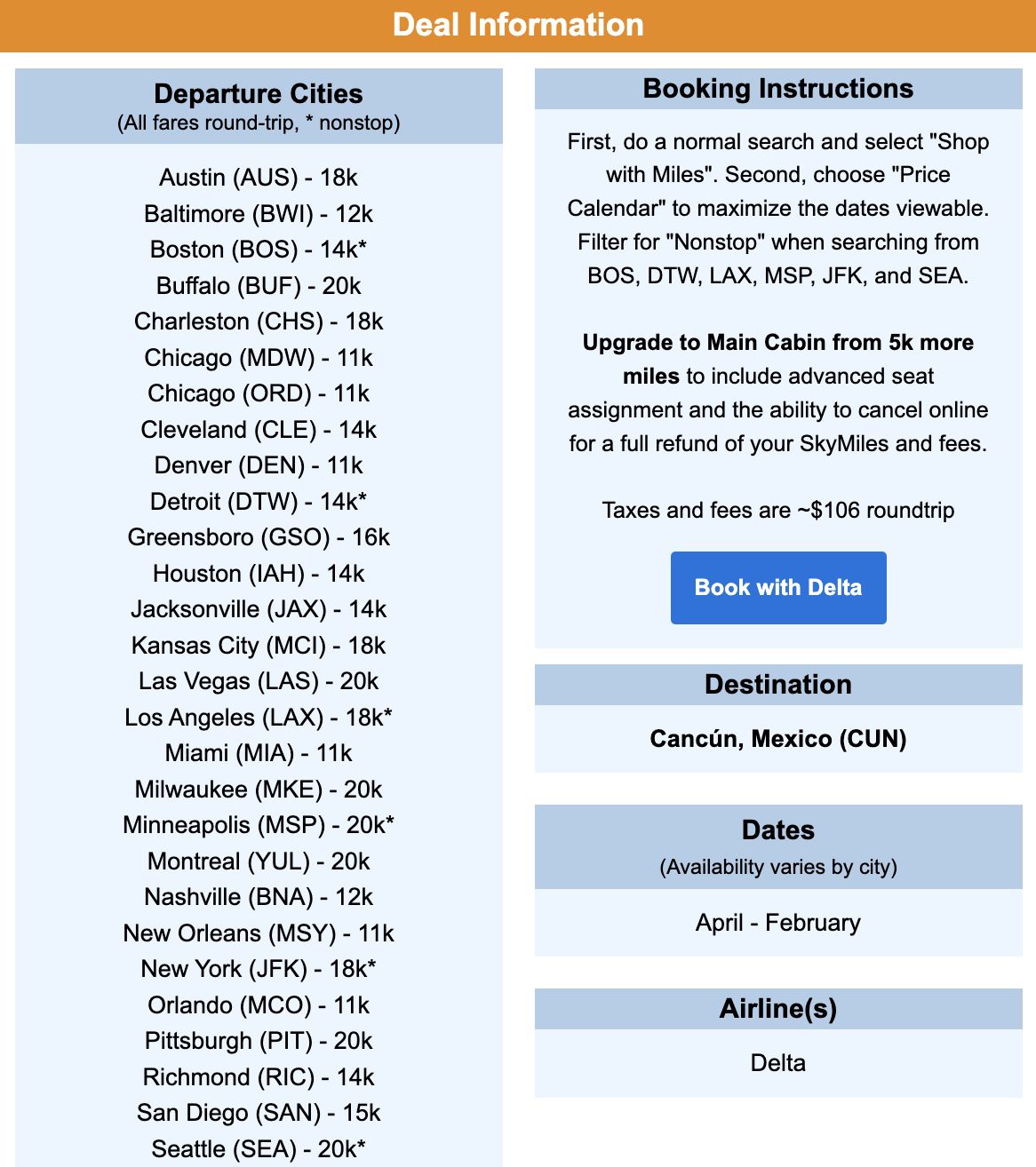 Cancun Delta SkyMiles deal