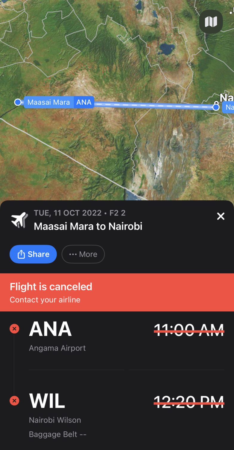 Flight cancellation bug on the the Flighty Pro App. Big red banners and crossed out travel times show a cancelled flight. 