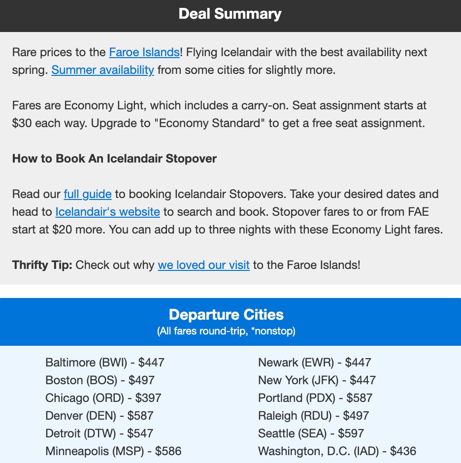 Faroe Islands deal summary with a list of departure cities and flight prices