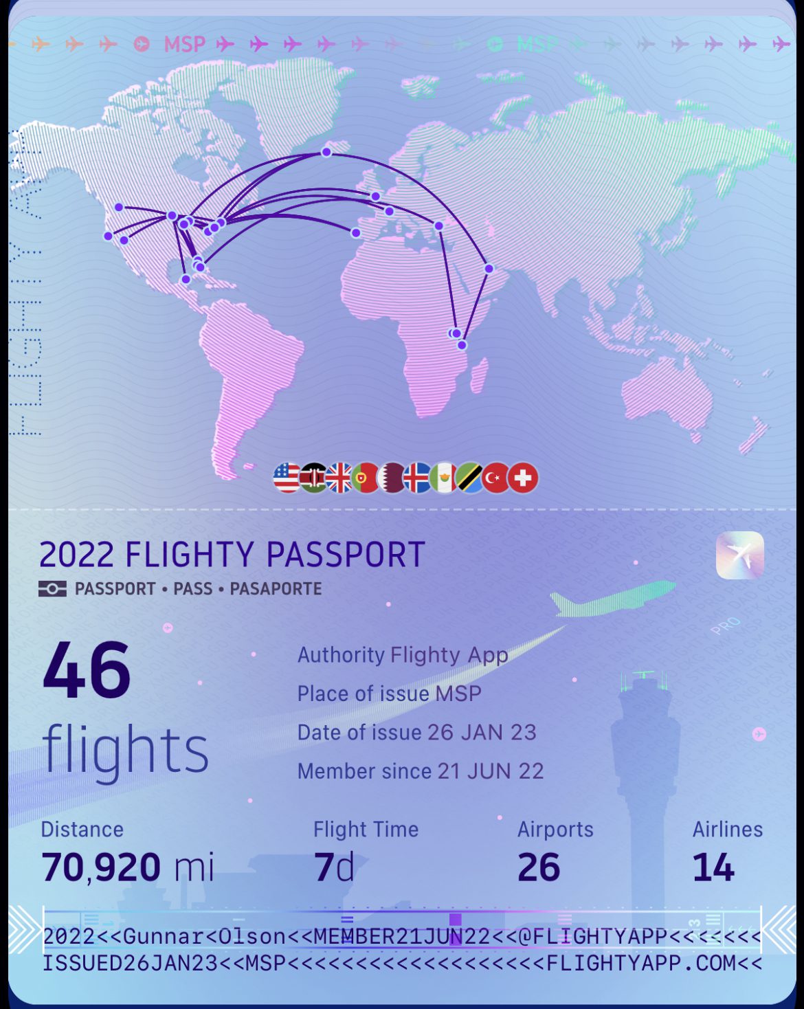 A look at the Flighty Passport feature, showing off annual flying statistics with flags showing the countries flown to, dots and lines detailing the flights, all set against a big pink and purple map of the world. 
