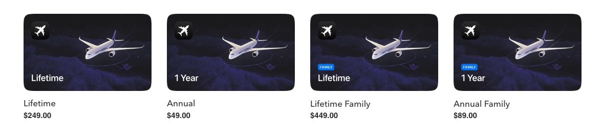 Flighty pricing for lifetime, annual, lifetime family, and annual family plans ranging from $49 to $450. 
