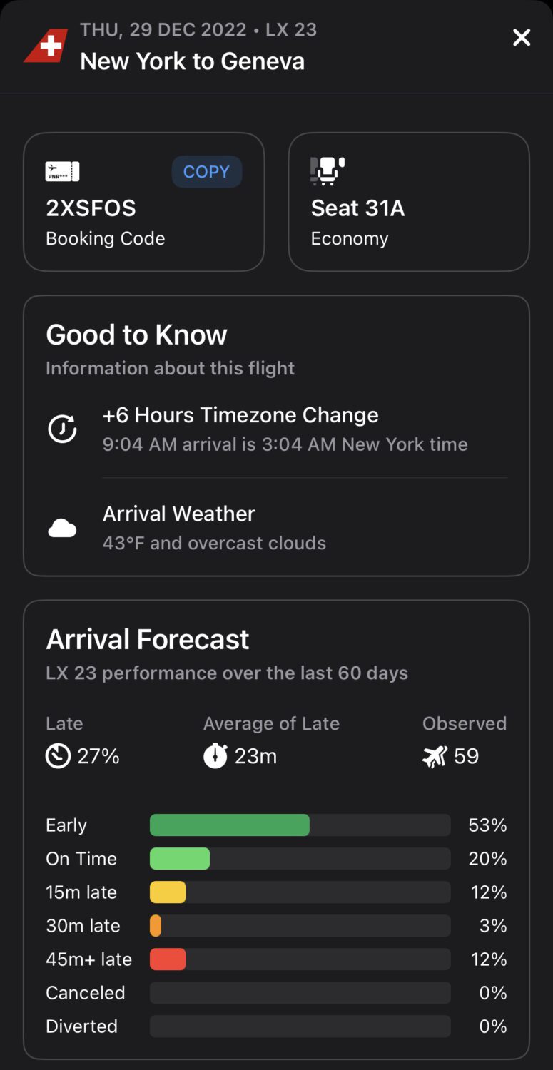 Flight information in the Flighty App showing information about a flight from JFK to Geneva, Switzerland.