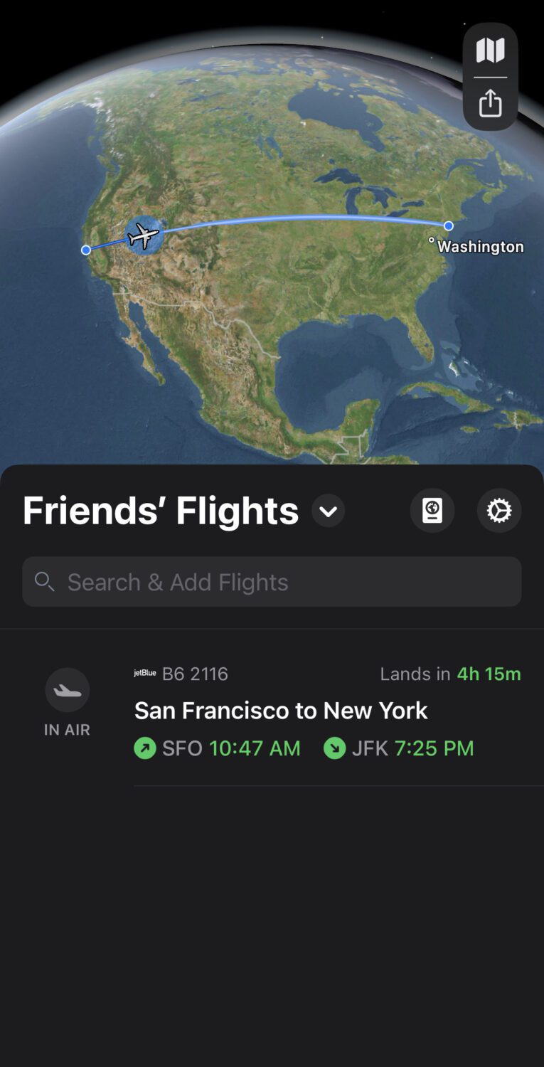 Friend's flights denoted in a list below a map showing the flight flying across the U.S. on a blue line. 