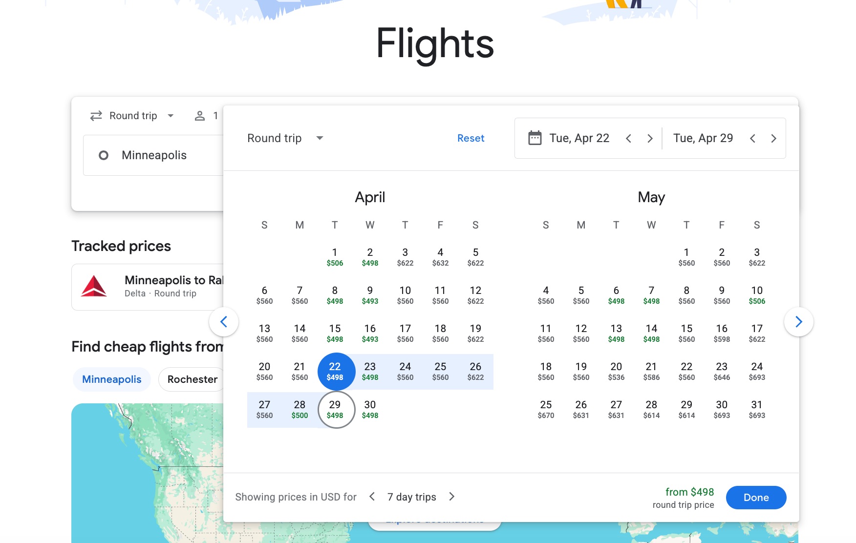 Google Flights price calendar for Minneapolis to Dublin flights in April and May