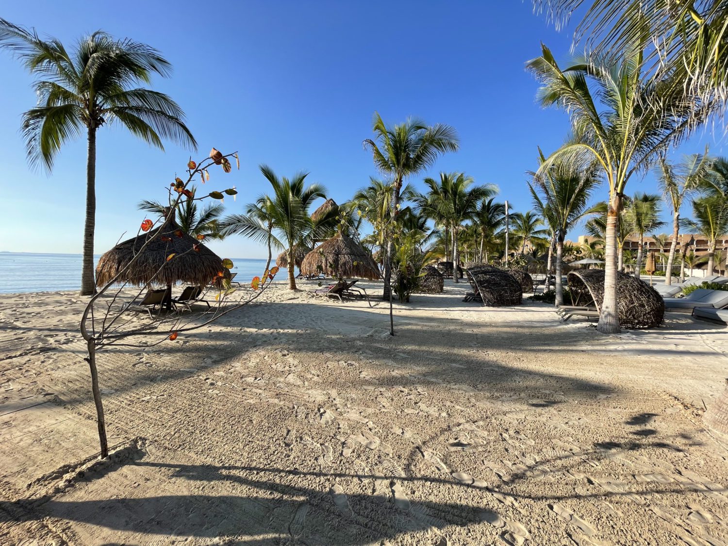 tiki huts on the beach with lounge chairs underneath