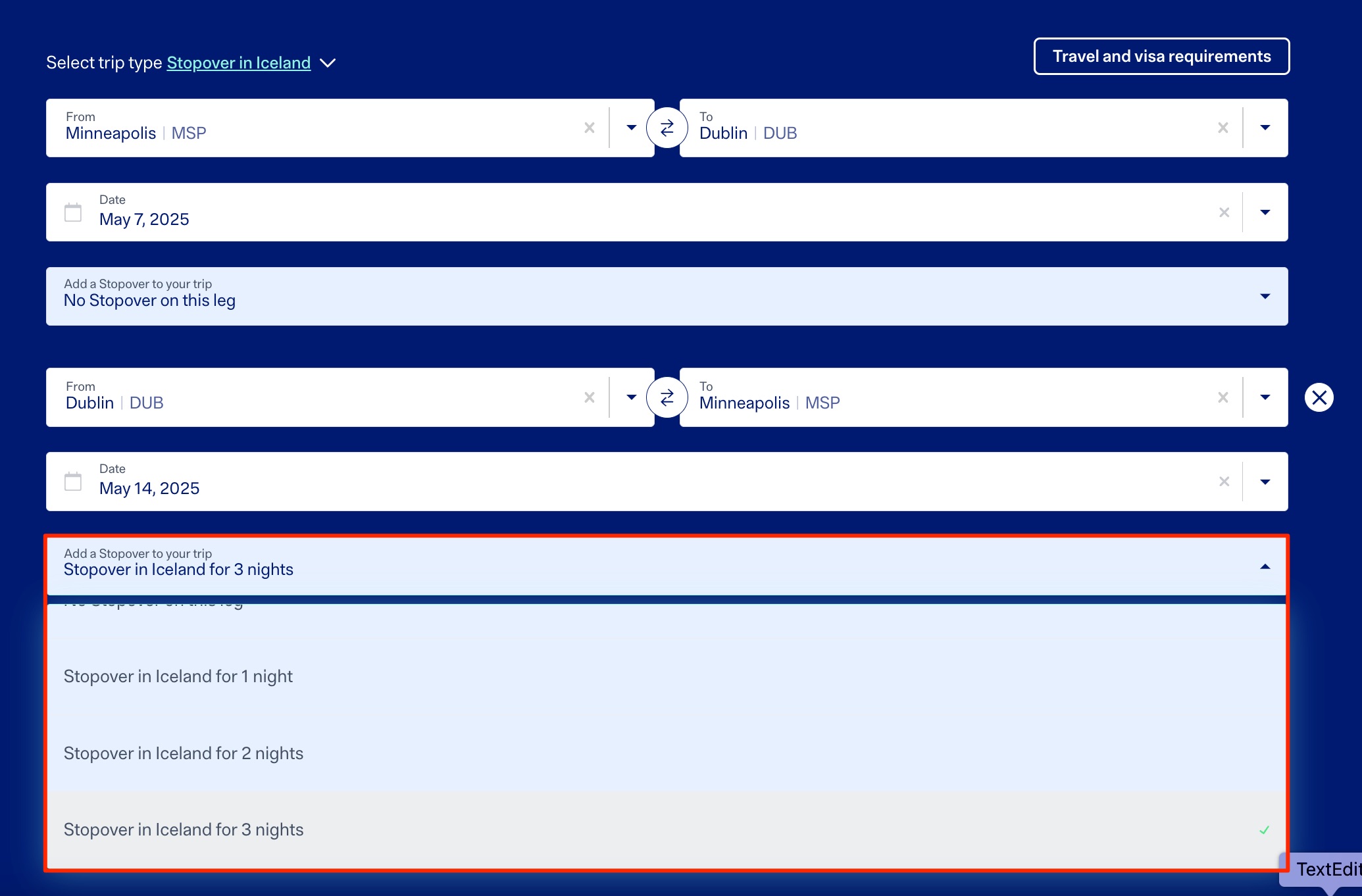 Icelandair flight search with a three-day stopover in Iceland