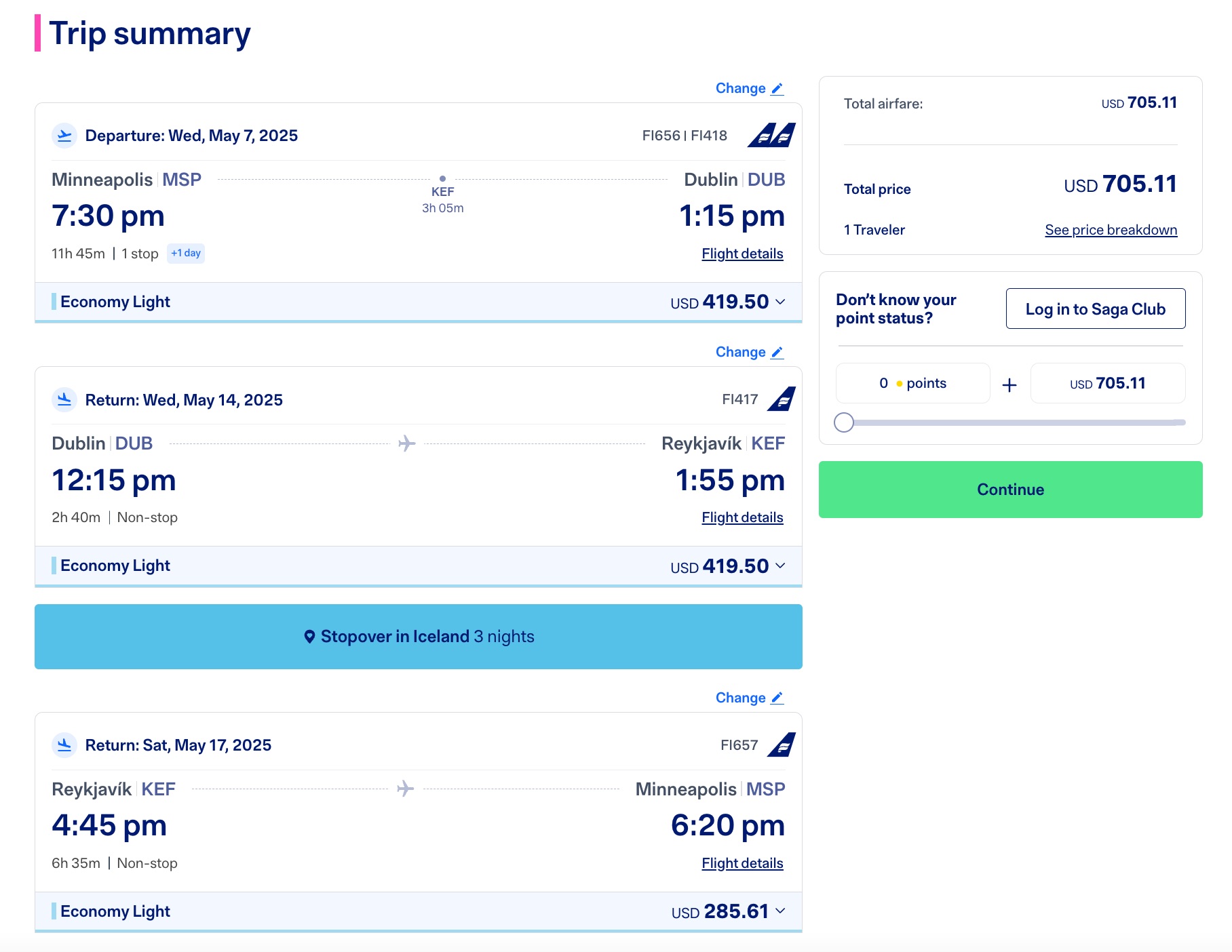 Icelandair trip summary for Minneapolis to Dublin roundtrip flight with a three-day stopover in Iceland for $706.11