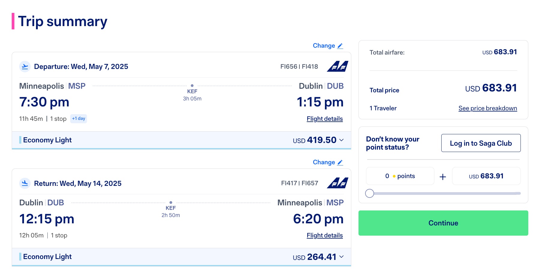 Icelandair trip summary for Minneapolis to Dublin roundtrip flight for $683