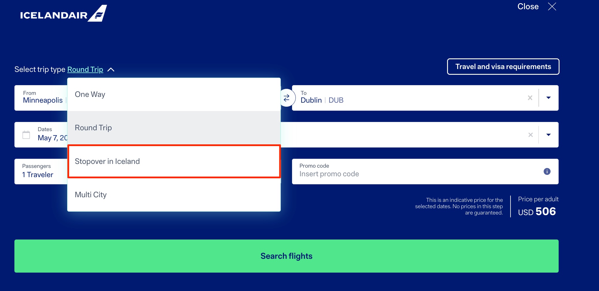 Icelandair flight search for Minneapolis to Dublin flights with a stopover in Iceland