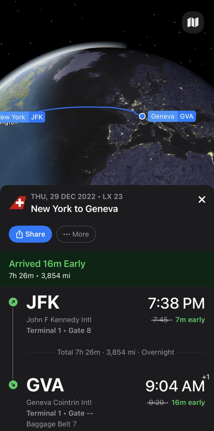 JFK to Geneva flight map and information from the Flighty App