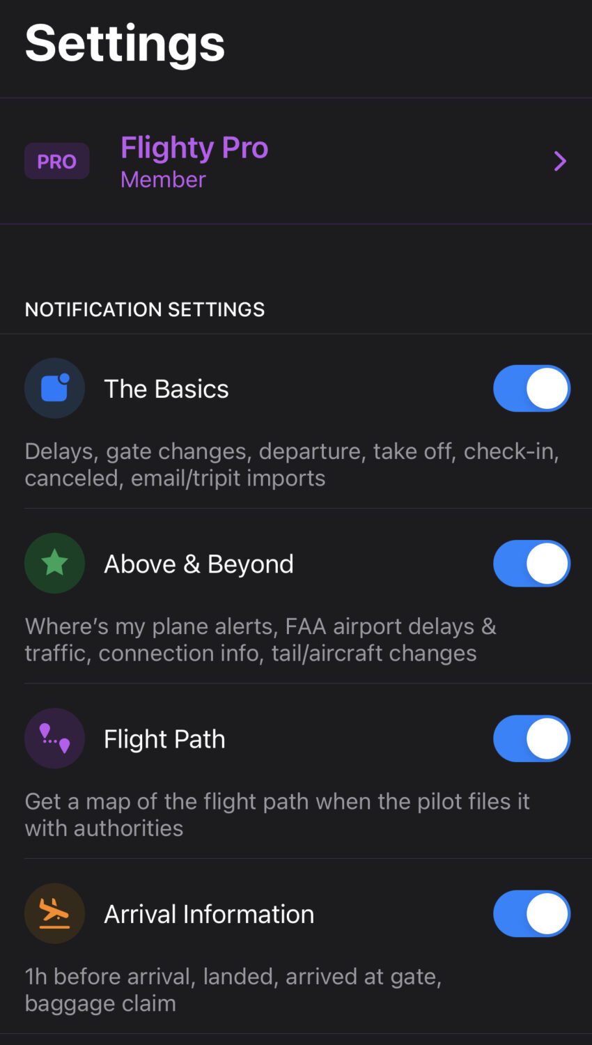 Flighty Pro notifications setting page allowing you to add "The Basics," "Above and Beyond", "Flight Path", and "Arrival Information." 