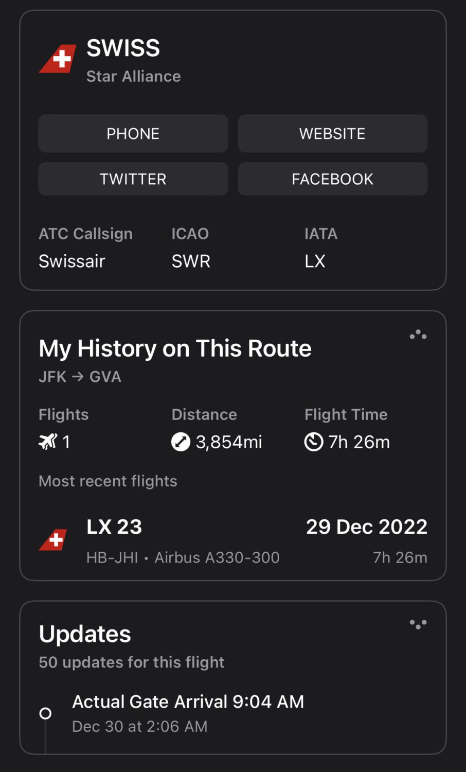Route history, updates, and SWISS Airlines' contact information right in the Flighty App. 