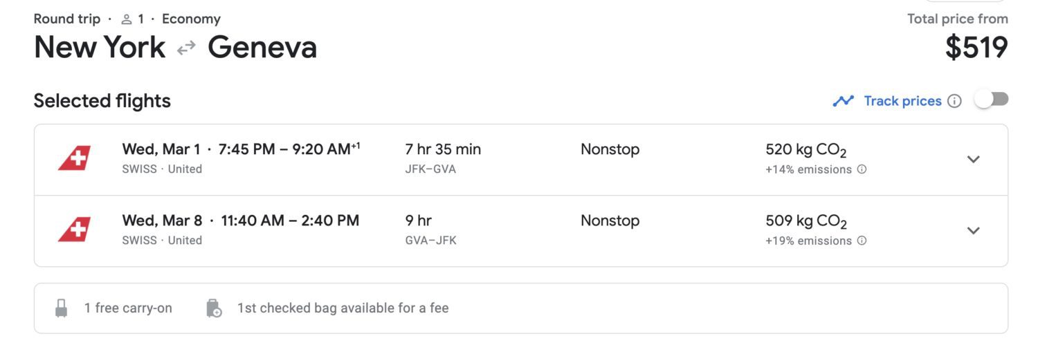 Google Flights airfare example from New York to Geneva for $519 roundtrip