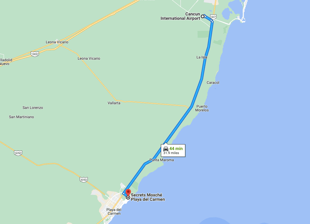 Google Maps directions showing that the Secrets Moxche is a 44 minute drive from the Cancun airport