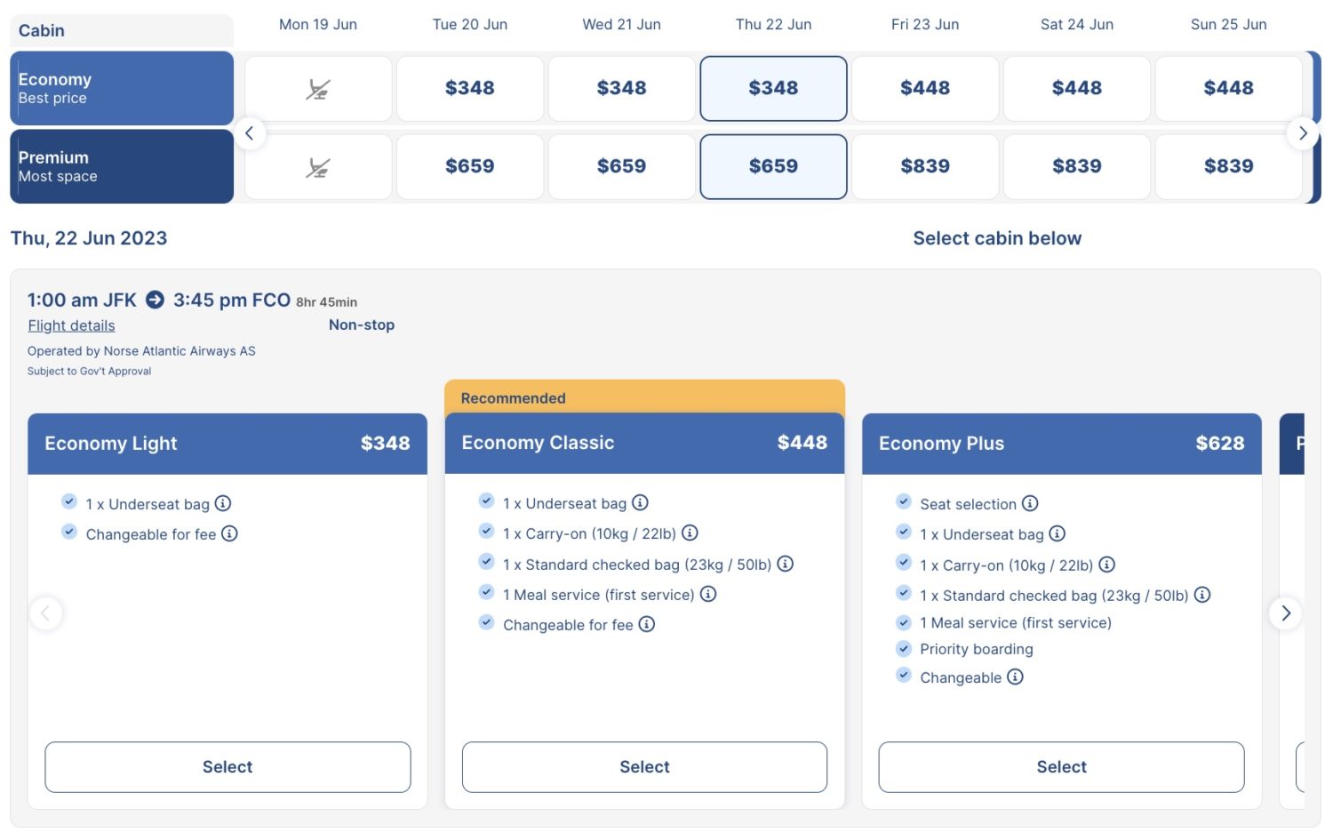 Norse Atlantic Economy fare structure