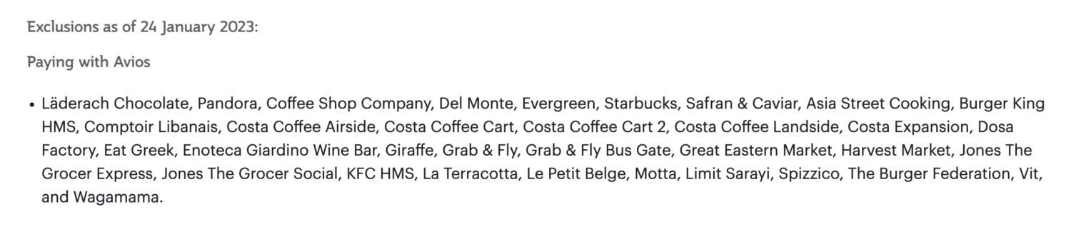 Qatar Airways list of shops and restaurants not included in the Avios shopping program