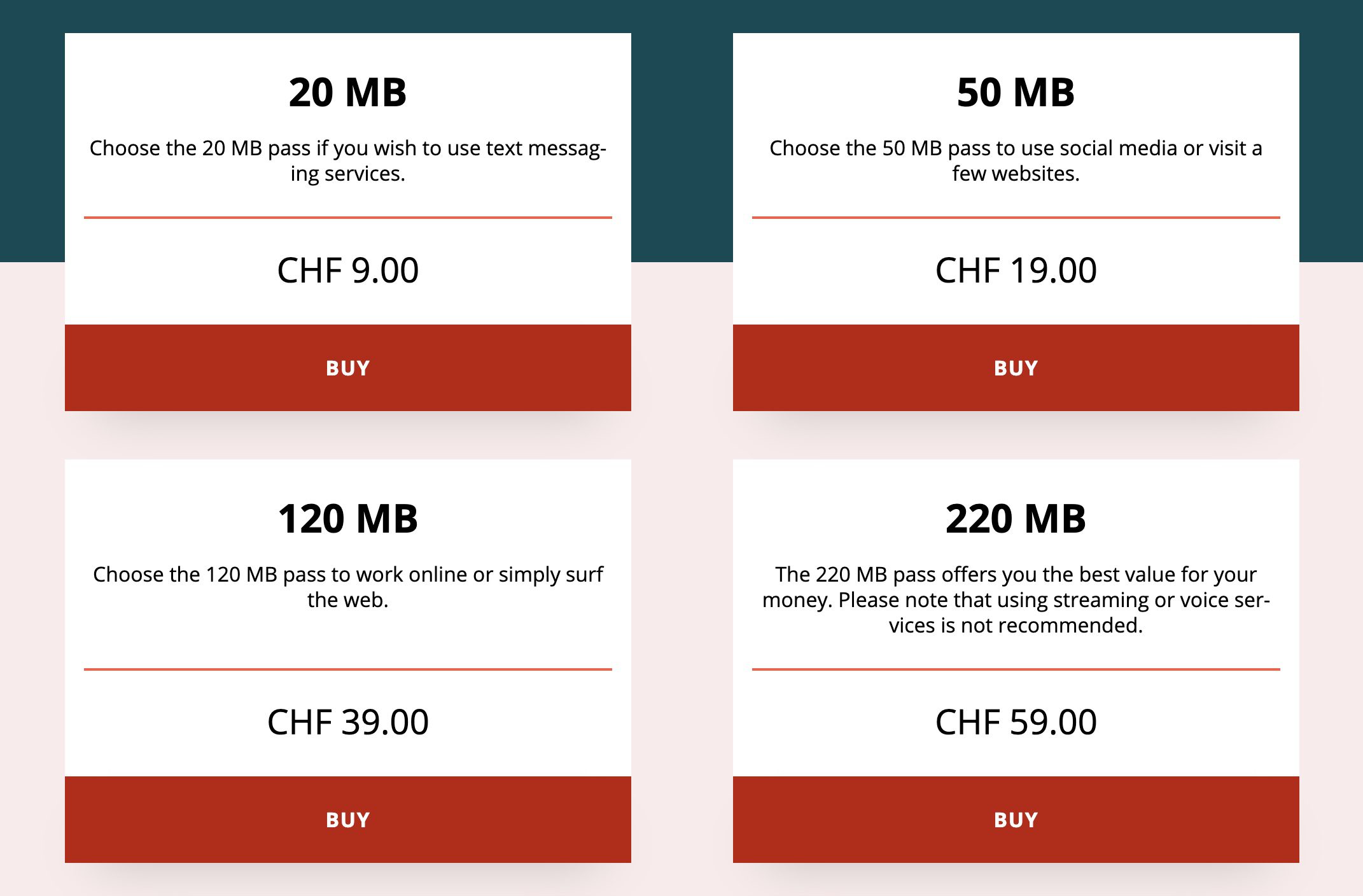 The Wi-Fi offerings on SWISS ranging from $9 to $59 for up to 220 megabits of Wi-Fi. 