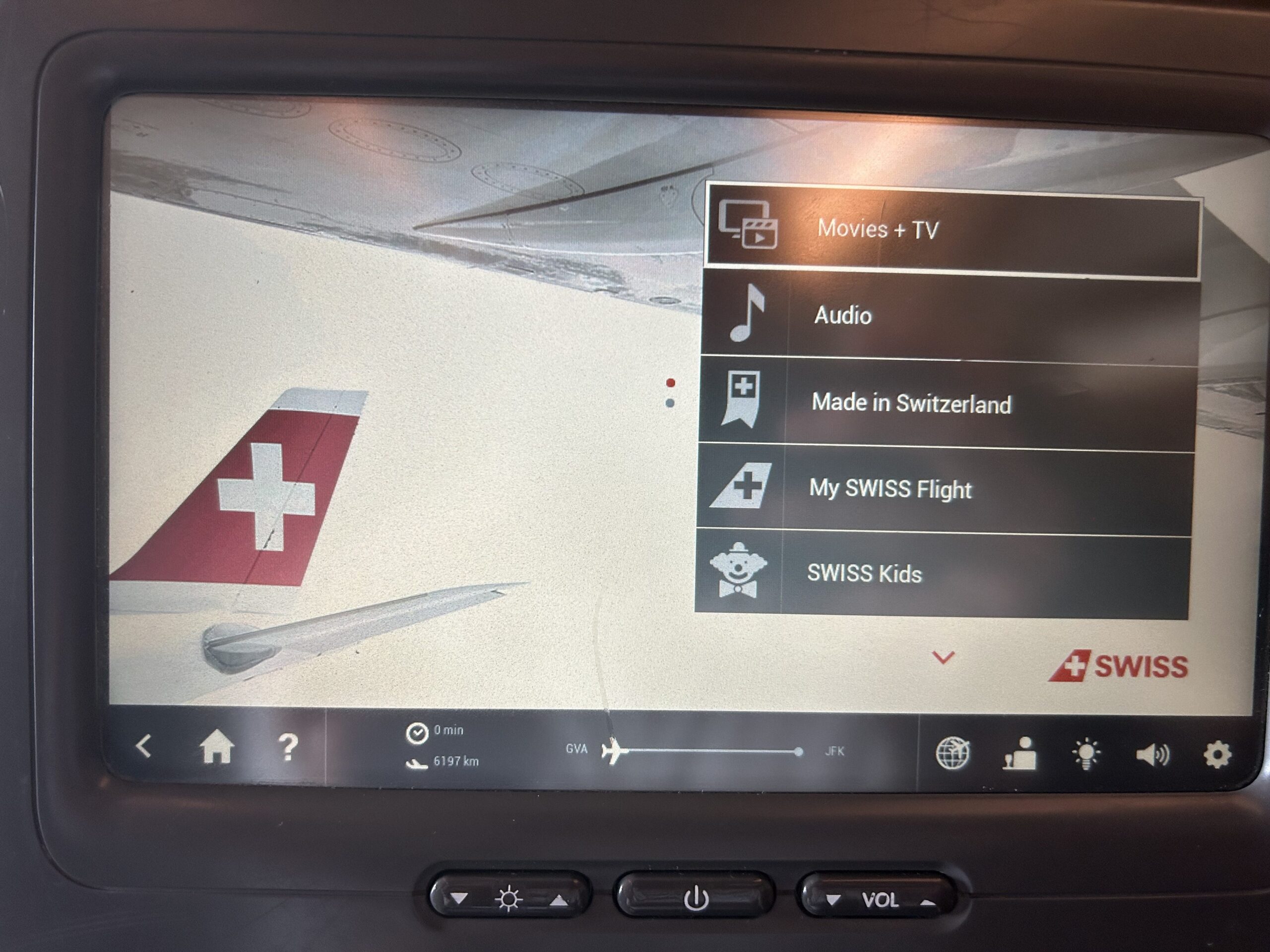 An old, standard definition seatback screen on a SWISS flight. 