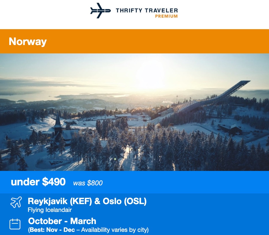 Thrifty Traveler Premium flight deal. Norway under $490. Was $800. 