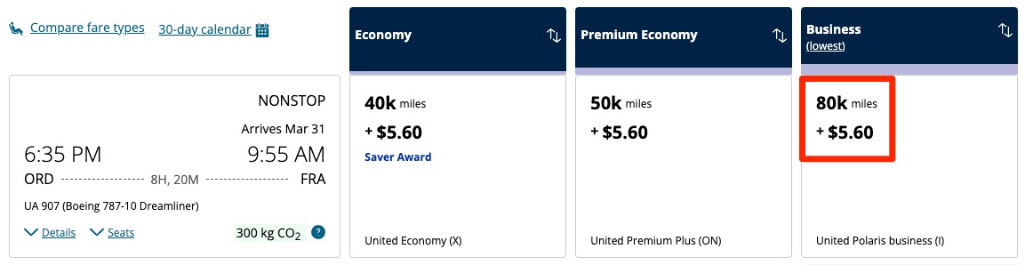 United Business Class Saver Award ORD-FRA