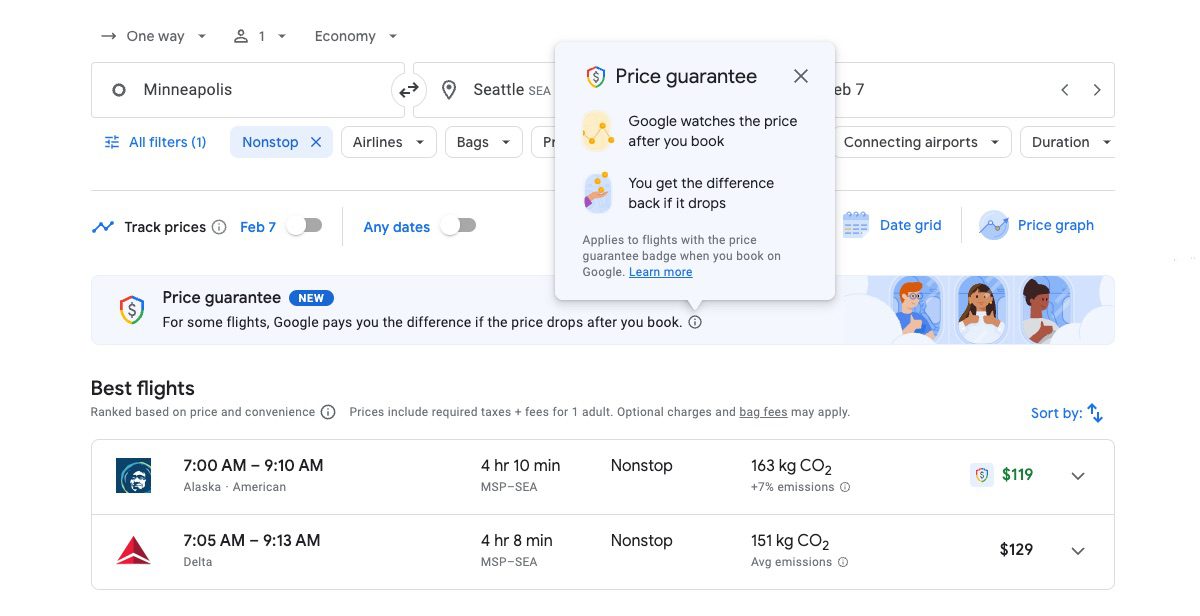 google flights screenshot of minneapolis to seattle showing a price guarantee badge