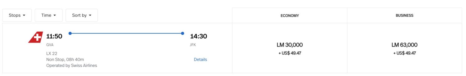 Points and miles airfare on LifeMiles for a flight between Geneva and New york for 30,000 points and $49 in taxes and fees. 