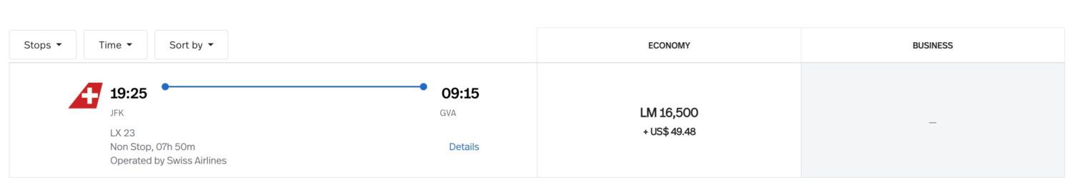 Points and miles airfare on LifeMiles for a flight between New York and Geneva for 16,500 points and $49 in taxes and fees. 
