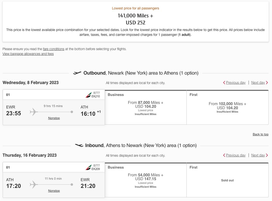 an emirates booking with one way in business class and another in first class for a total of 141,000 miles roundtrip and $252 