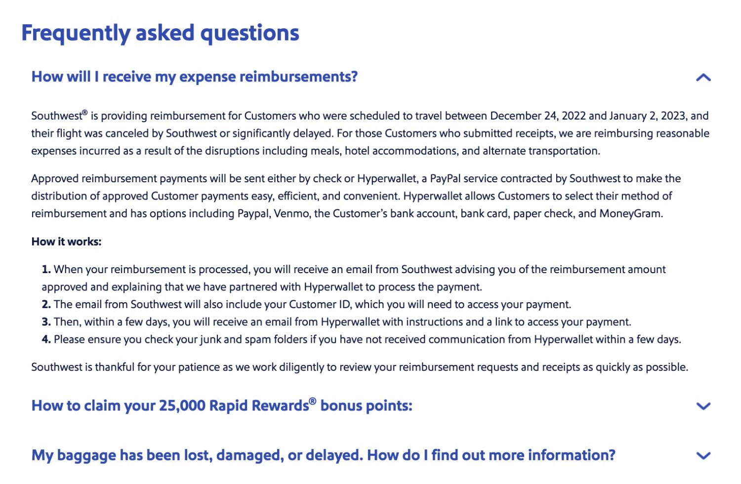 southwest payout faq
