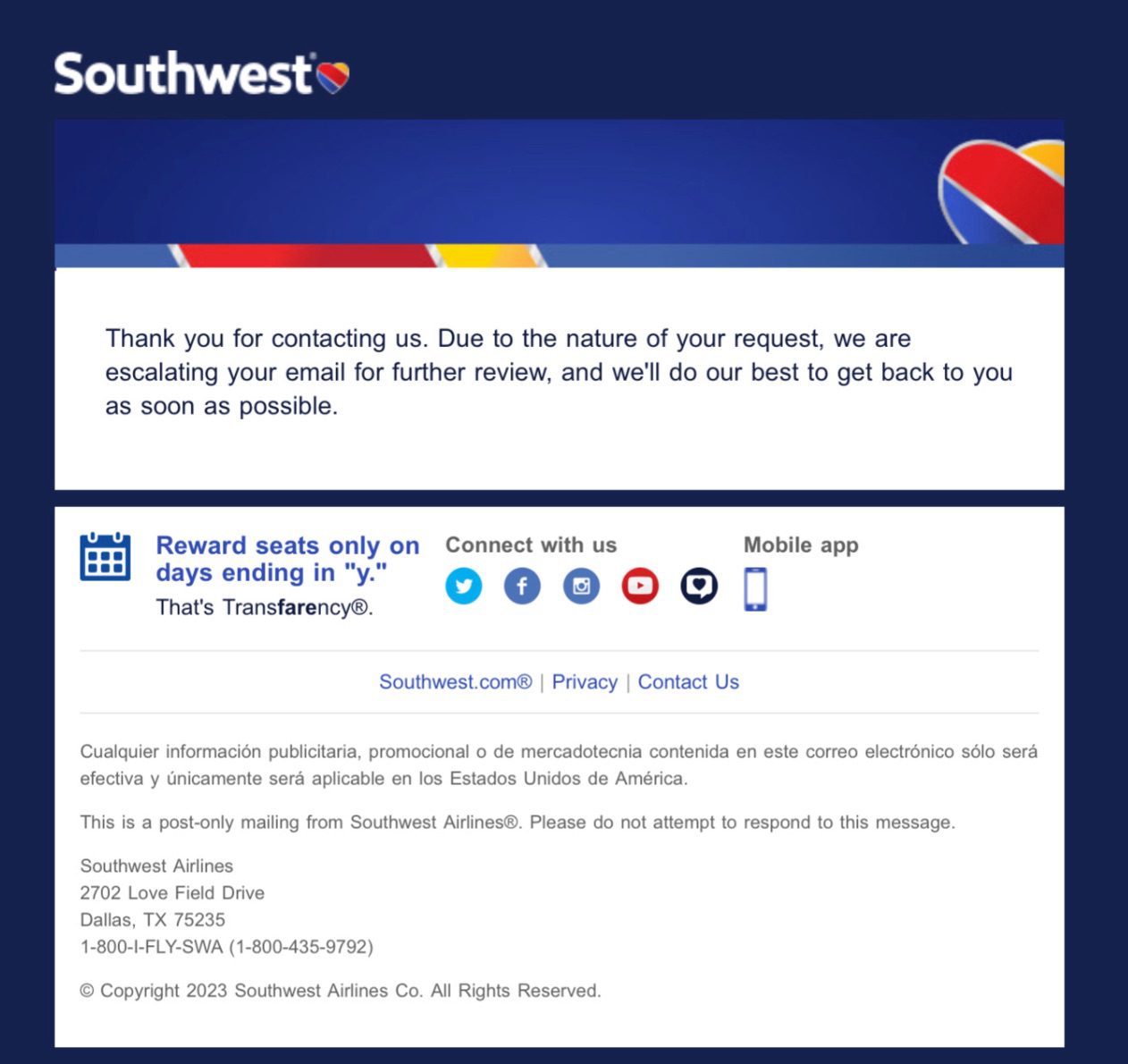 southwest automated message