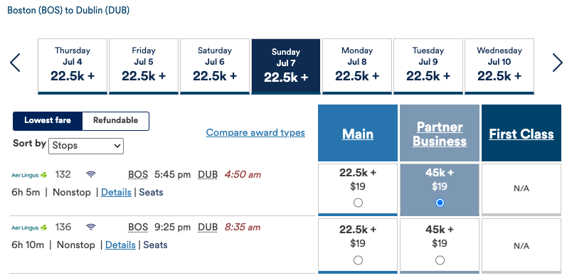 aer lingus business class redemption