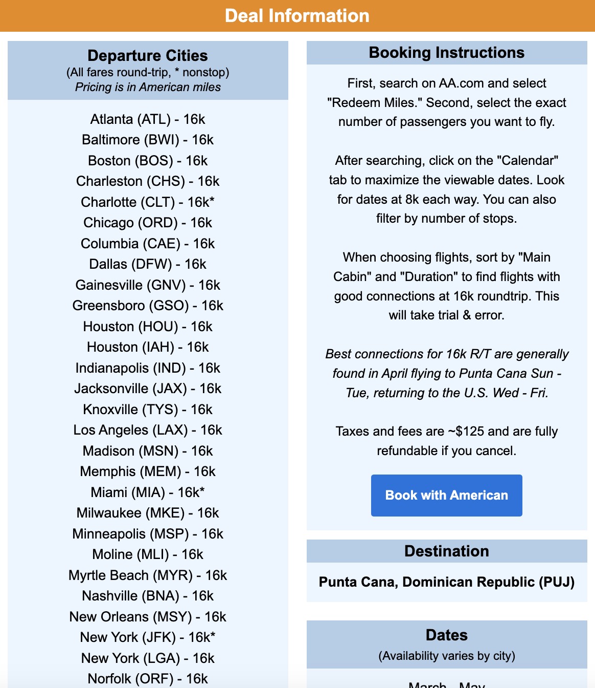 American Airlines miles to the Domincan Republic