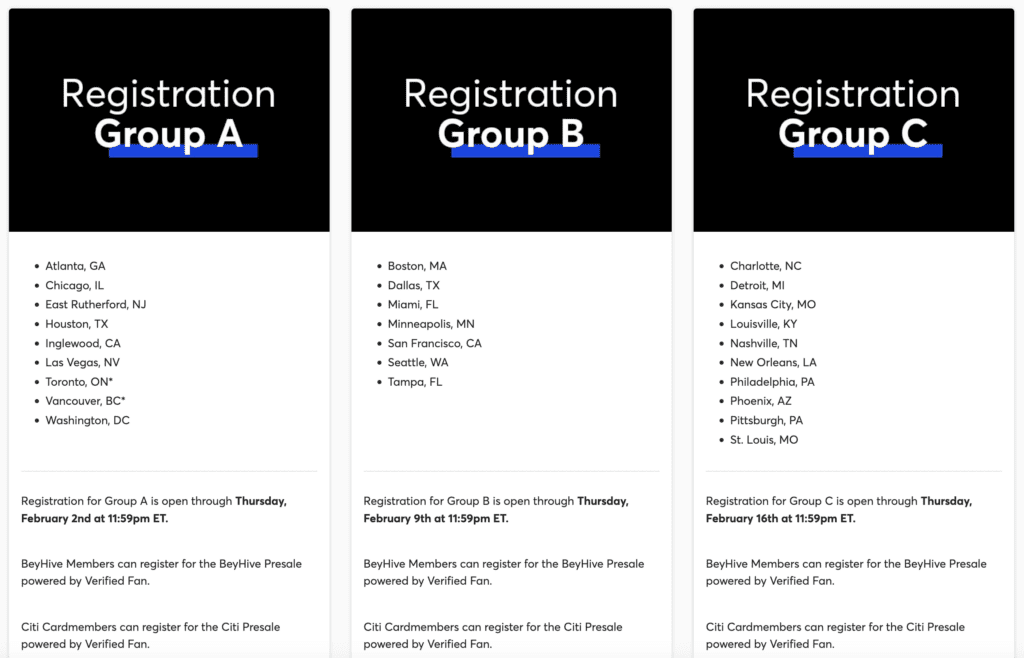 beyonce tour registration groups