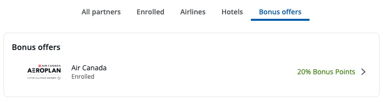 screenshot of a 20% transfer bonus from Chase to Air Canada aeroplan