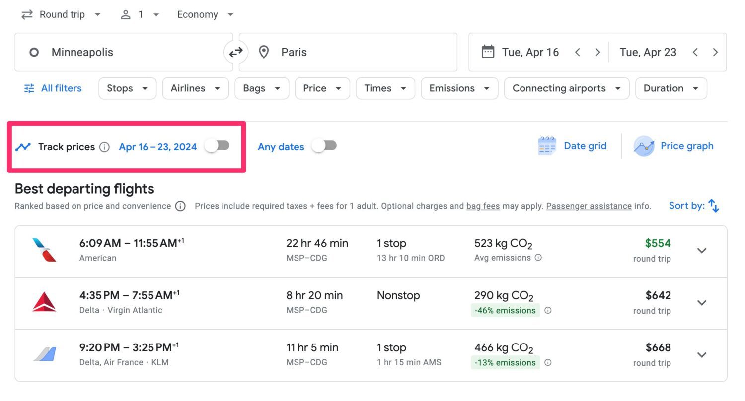 Google Flights search from MSP-CDG in April with a box around the track prices feature
