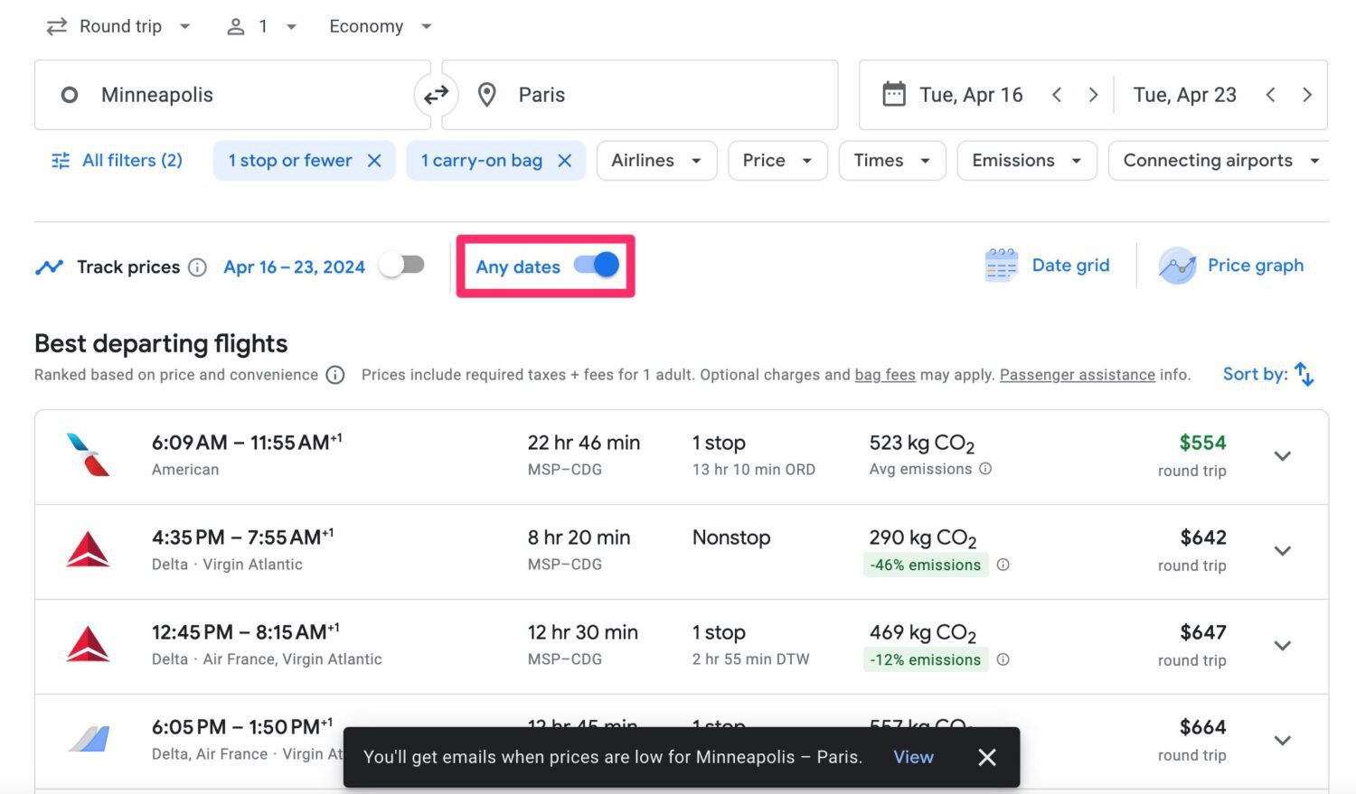 Google Flights price alert set for any dates searching from Minneapolis to Paris 