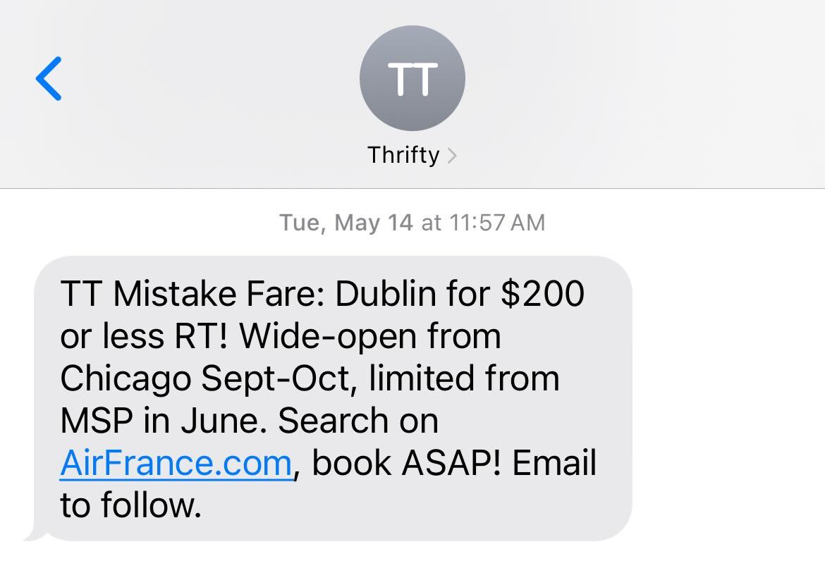 thrifty traveler premium mistake fare text alert
