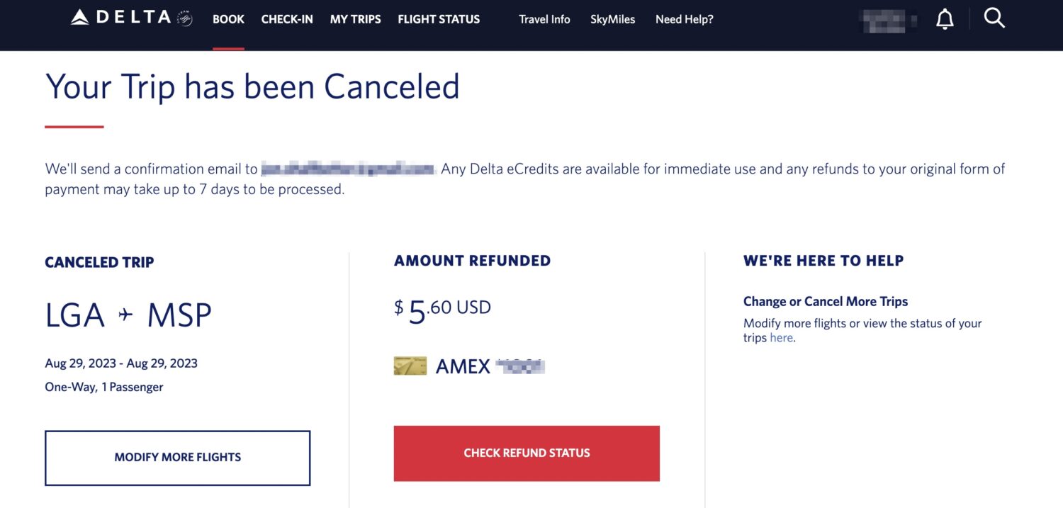 LGA to MSP Cancelled SkyMiles booking