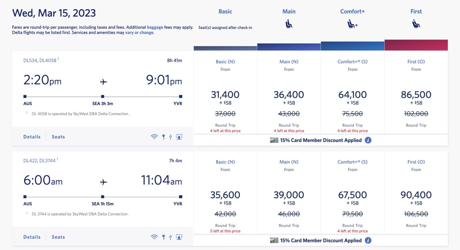 Delta SkyMiles fares from Austin to Vancouver