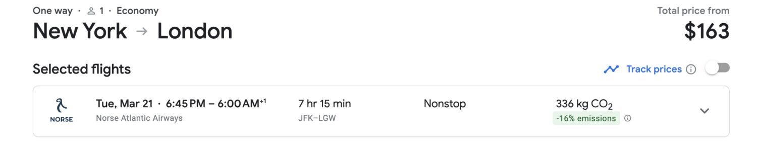 Norse Atlantic airfare JFK to London