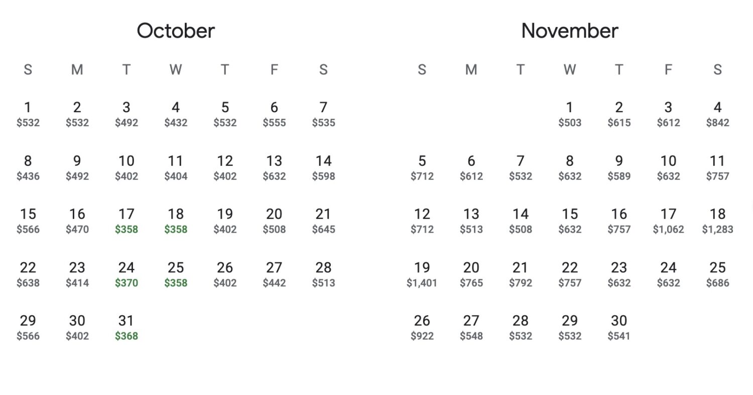 Costa Rica flight deal calendar view