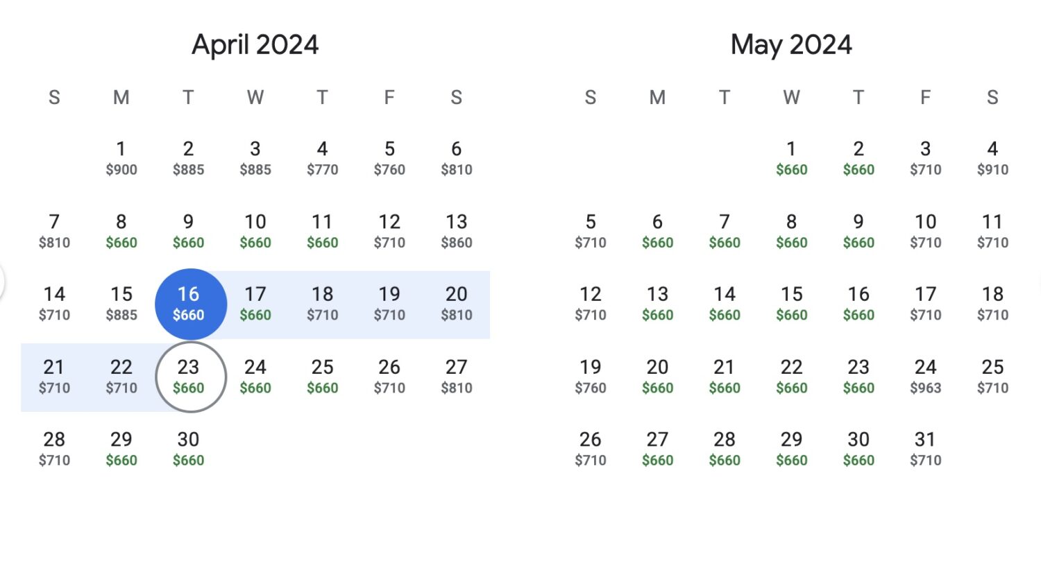Calendar view of Santiago, Chile airfare