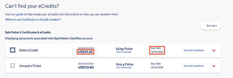 Kyle Potter's certificates and eCredits. Displaying documents associated with Kyle Potter's SkyMiles account. A Delta eCredit for $49.40 with an expiration date of 12/31/2022