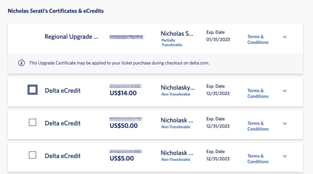 Nicholas Serati's certificates & eCredits. Showing Delta eCredits for $14.00, $50.00, and $5.00 all expiring on December 31, 2023. 